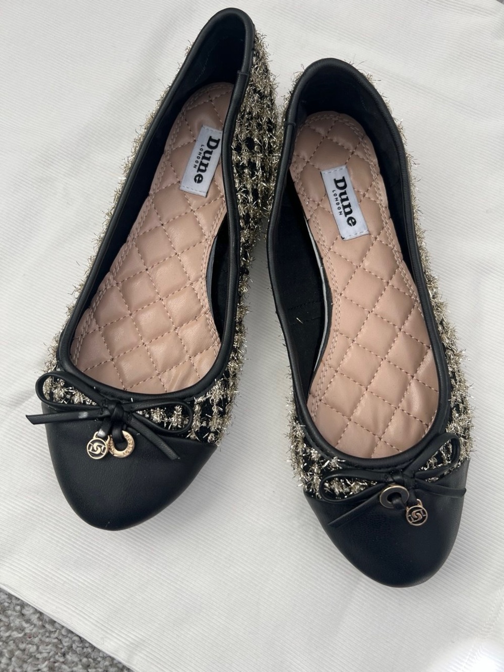 Dune London Black Tweed & Leather Ballet Flats with Gold Charms